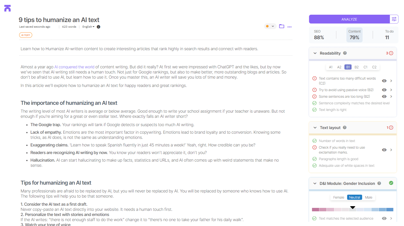 Screenshot of Textmetrics Text Editor