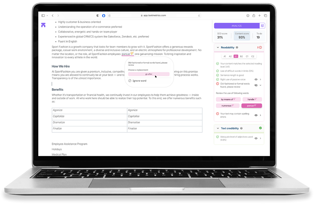 Textmetrics' editor on laptop